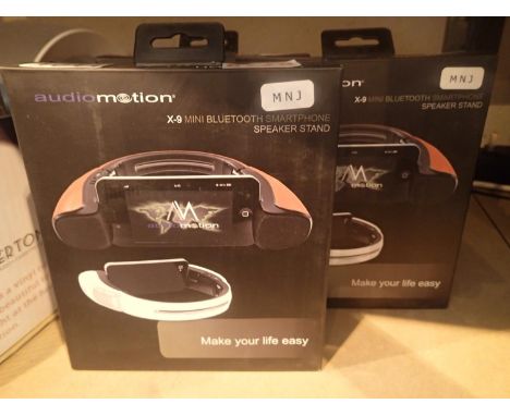 Three red, new old stock mixed Audio Motion Mini X-9 Bluetooth speakers stand for smartphones and tablets; boxed; P&amp;P Gro