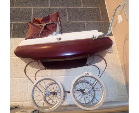 Vintage tin plate child dolls pram. Not available for in-house P&amp;P, contact Paul O'Hea at Mailboxes on 01925 659133 