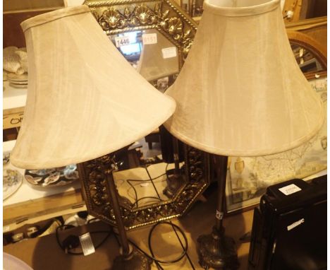 Two brass column and ceramic table lamps. Not available for in-house P&amp;P, contact Paul O'Hea at Mailboxes on 01925 659133