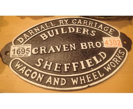 Cast iron Craven Bros Sheffield sign, H: 29 cm. P&amp;P Group 2 (£18+VAT for the first lot and £3+VAT for subsequent lots) 