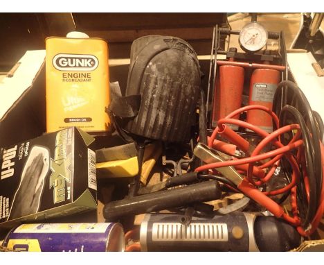 Boxed lot of mixed tools to include foot pump etc. Not available for in-house P&amp;P, contact Paul O'Hea at Mailboxes on 019