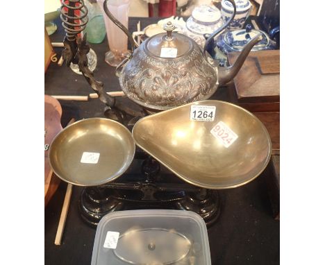 Set of brass weights and a vintage copper kettle on wrought iron stand. Not available for in-house P&amp;P, contact Paul O'He