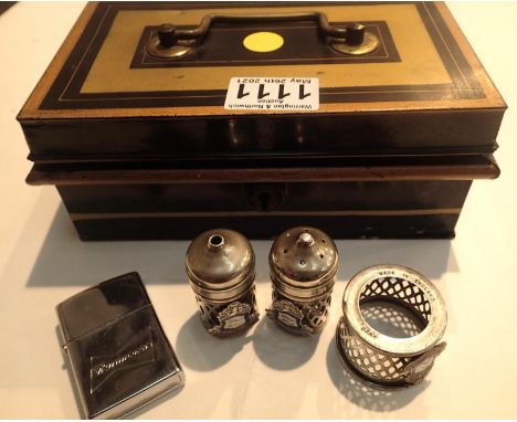 A vintage metal petty cash box, Budweiser white metal petrol lighter and silver plated salt shaker. P&amp;P Group 2 (£18+VAT 