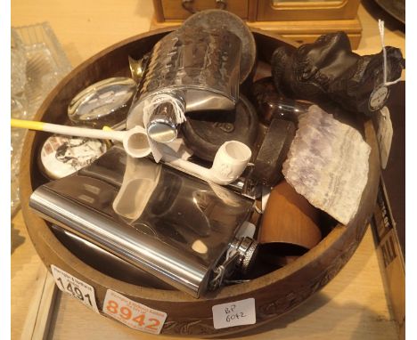 Large wooden bowl with collectables including amethyst. Not available for in-house P&amp;P, contact Paul O'Hea at Mailboxes o