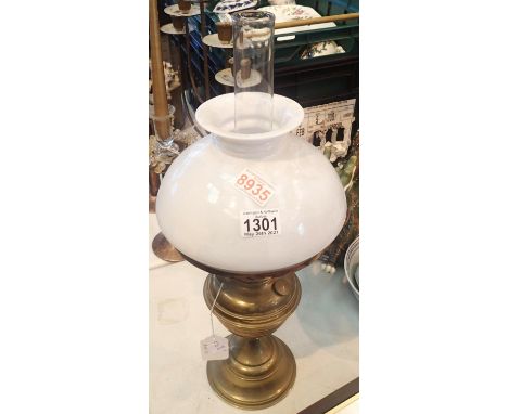 Victorian brass oil lamp with milk glass shade. Not available for in-house P&amp;P, contact Paul O'Hea at Mailboxes on 01925 