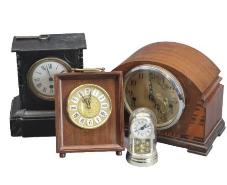VINTAGE MANTEL &amp; OTHER CLOCKS (4) - to include a Victorian black slate clock having Roman numerals to a white dial, 22cms