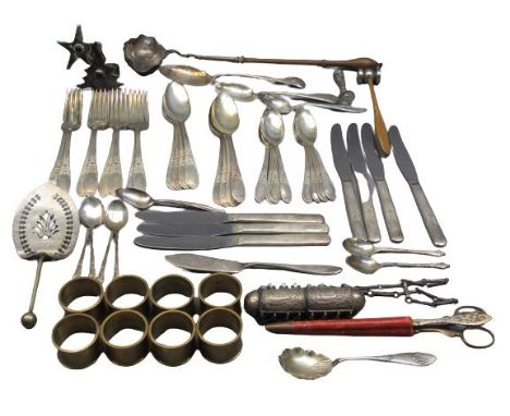 SILVER BOWL TODDY LADLE, William Rogers cutlery, leather sheathed Solingen scissors, eight brass napkin rings and other items