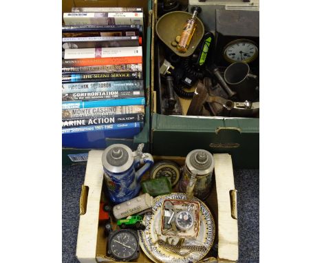 MIXED COLLECTABLES GROUP OF VARIOUS ITEMS &amp; BOOKS - a silver Albert chain, stopwatch, Smiths eight day automobile clock, 