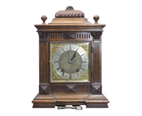 VINTAGE OAK CASED COILED GONG STRIKE MANTEL CLOCK - 39cms H, 28cms W, 19cms D