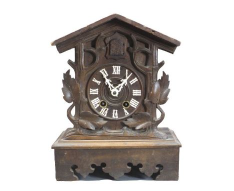 VINTAGE CARVED BLACK FOREST STYLE CUCKOO MANTEL CLOCK - 30cms H, 24cms W, 15.5cms D