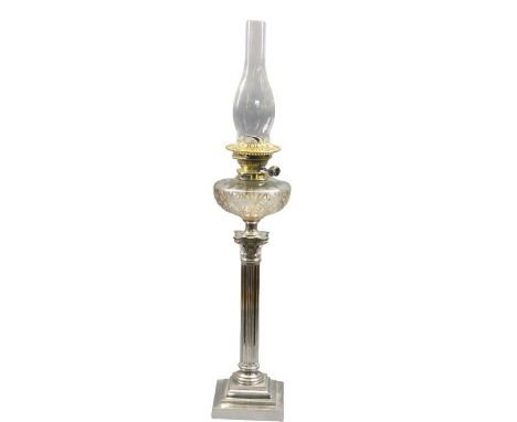 SILVER PLATED CORINTHIAN COLUMN OIL LAMP - with cut glass font, 82cms overall H, no shade