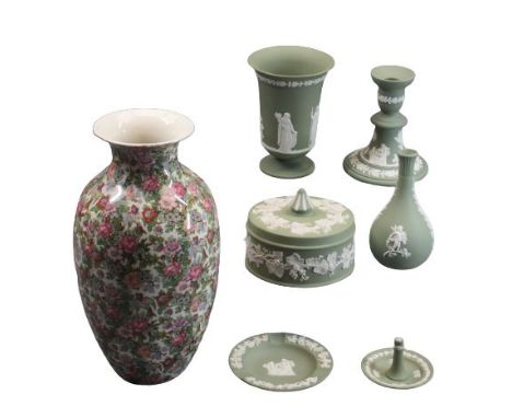 WEDGWOOD - 6 pieces of green Wedgwood Jasperware and a large Crown Ducal floral decorated baluster vase, 28cms H