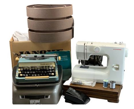 IMPERIAL GOOD COMPANION ALUMINIUM CASED TYPEWRITER, Janome sewing machine with pedal, a contemporary table lamp and shade and