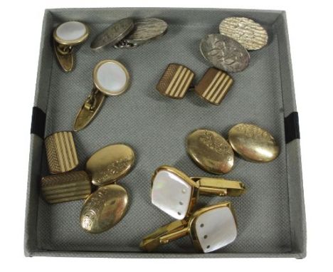 9CT GOLD, SILVER &amp; OTHER GENTLEMAN'S CUFFLINKS, 5 PAIRS - the oval 9ct pair with part engraved decoration, 4.9grms, the o
