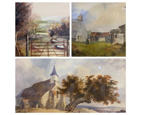 INDISTINCTLY SIGNED watercolour - continental ? church, leaning tree and figures at gravestone, 23 x 48cms, ANNE WILLIAMS wat