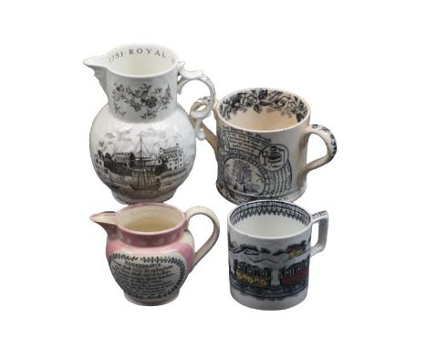 VICTORIAN &amp; LATER CERAMICS - 4 items to include a Sunderland lustre jug with printed scene of Sunderland Bridge, 9cms H, 