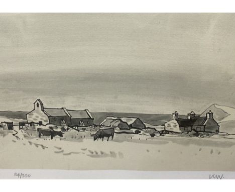 SIR KYFFIN WILLIAMS RA limited edition colour wash print (84/350) - Anglesey cottages, small church and cattle grazing, signe