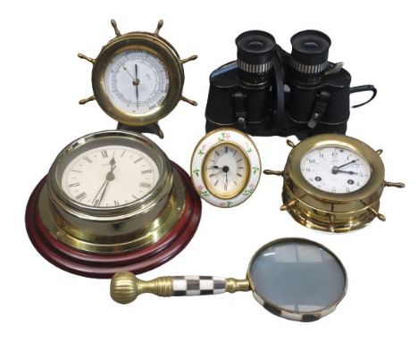 SCHATZ BRASS SHIP'S WHEEL, BELL CLOCK &amp; SIMILAR BAROMETER, two further clocks, horn decorated magnifying glass and a pair