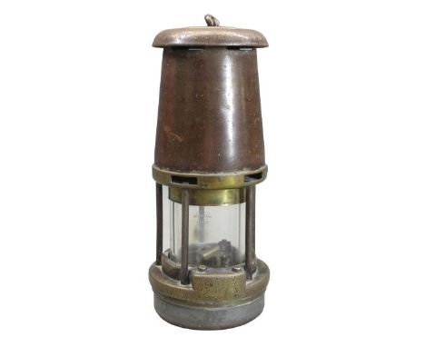 WOLF TYPE MINER'S SAFETY LAMP - with a brass plaque inscribed 'R Evans', 21cms H