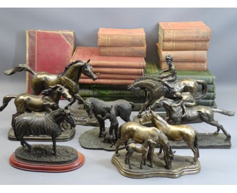 COMPOSITION BRONZED EFFECT HORSE FIGURINES (7), six volumes A Popular History of The Great War and volume seven Illustrated C