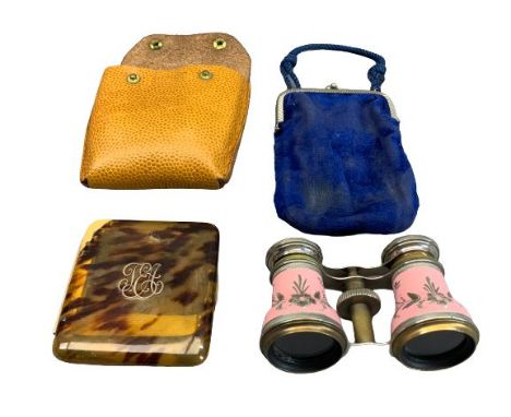 9CT GOLD MOUNTED TORTOISE SHELL CIGARETTE CASE and a pair of vintage opera glasses with pink enamel decoration, the gold date