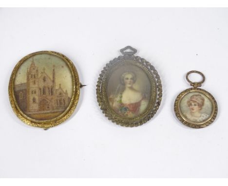 19TH CENTURY IVORY SLIP PORTRAIT MINIATURES (2) with a Georgian sand picture miniature of a church all having gilt metal fram