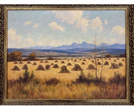 R GISSING (Canadian Artist 1895 -1967) oil on canvas - harvesting scene with mountains to the background, signed, 45 x 60cms