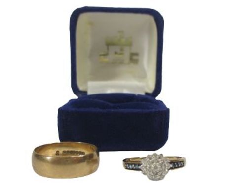 9CT GOLD RINGS (2) - a wide wedding band, size R and a diamond cluster ring with blue sapphires to the shoulders, size P, 7gr