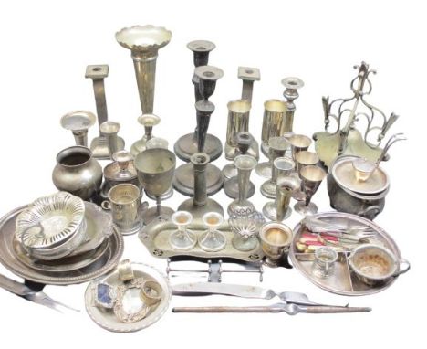 EP &amp; OTHER CANDLESTICKS, vases, epergne stand and other items of plated metalware