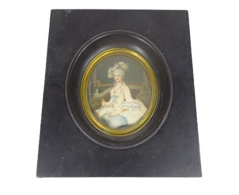 CIRCA 1820 OVAL PORTRAIT MINIATURE ON IVORY SLIP - probably English depicting a classically dressed lady in a feathered hat s