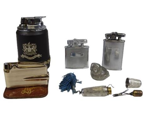 VINTAGE TABLE &amp; POCKET LIGHTERS (4), silver thimble/needle case and a white metal model of an owl, the lighters include a