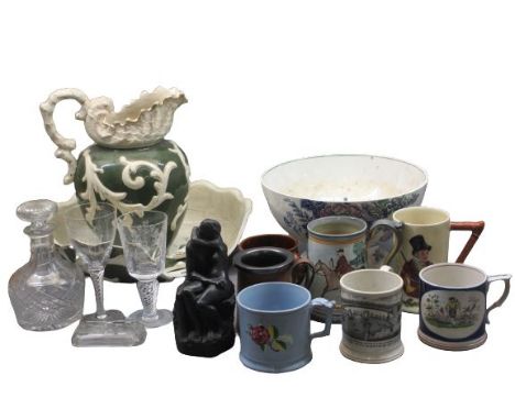 POTTERY TANKARDS, AIR TWIST STEM &amp; OTHER GLASSWARE, large ceramic fruit bowl, wash jug and bowl, ETC, the tankards includ