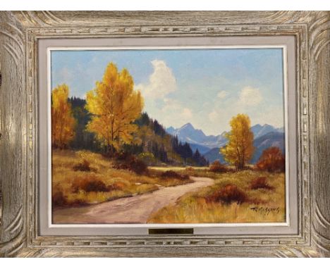 R GISSING (Canadian Artist 1895 - 1967) oil on board - labelled and titled verso 'In the outhills', signed, 30 x 40cms