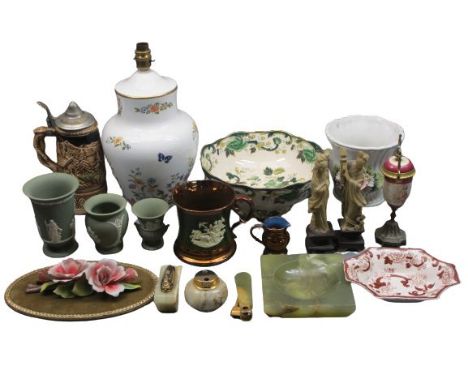 MIXED POTTERY, PORCELAIN &amp; COLLECTABLES to include an Aynsley table lamp, a pair of carved soapstone figurines, onyx desk