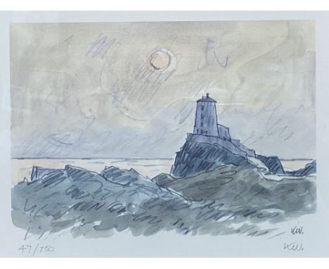 SIR KYFFIN WILLIAMS RA coloured limited edition print 47/750 - Llanddwyn Lighthouse Anglesey at sunset, signed in pencil, 26 