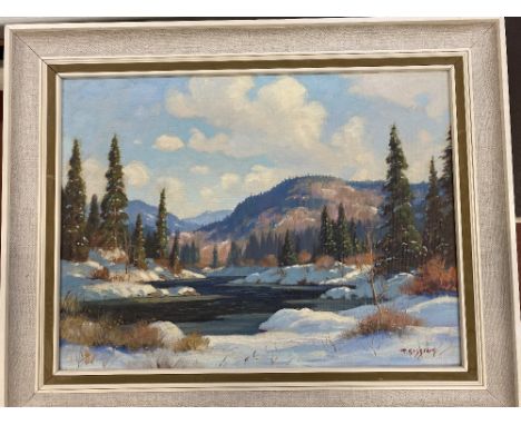 R GISSING (Canadian Artist 1895 - 1967) oil on canvas - Canadian river scene, snow covered ground to the foreground, signed, 