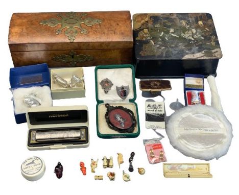 MIXED COLLECTABLES GROUP - two vintage boxes and contents, ETC, to include a dome top walnut glove box with brass mounts, 25.