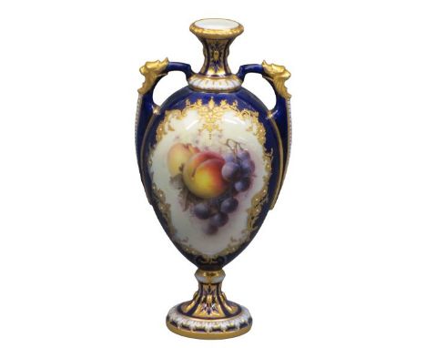 ROYAL WORCESTER PORCELAIN TWO-HANDLED VASE - with fruit decorated panel signed 'Richard Sebright', printed puce marks to the 