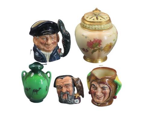 ROYAL DOULTON SMALL TOBY JUGS (3) - Lobster Man, Merlin and another, a small two-handled Royal Doulton green ground Camel sce