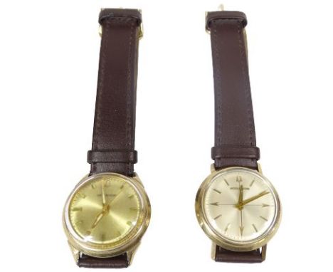 VINTAGE BULOVA ACCUTRON 10CT GOLD FILLED GENT'S QUARTZ WRISTWATCHES (2) - both have tuning fork emblem at 12, both on modern 