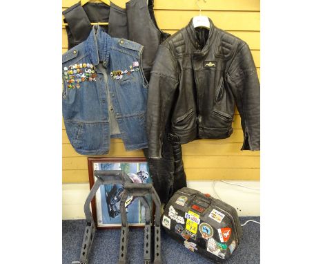 MOTORBIKING INTEREST ITEMS - to include rider's leathers, leather waistcoat, denim waistcoat having numerous TT and other mot