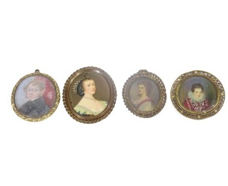 18TH &amp; 19TH CENTURY PORTRAIT MINIATURES (4) - all having gilt metal frames to include a circular portrait of a Tudor styl