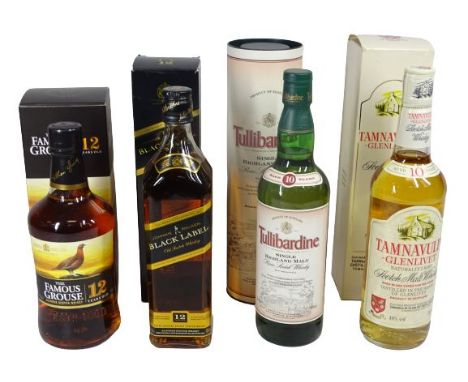 SCOTCH WHISKY, 4 BOTTLES - Johnny Walker 12 year old Black Label, Tullibardine 10 year old single Highland Malt, The Famous G