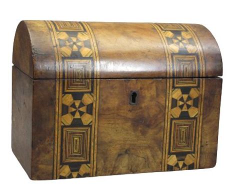 VICTORIAN DOME TOP INLAID WALNUT TEA CADDY - with twin lidded interior compartments, 15cms H, 20cms across, 12cms D