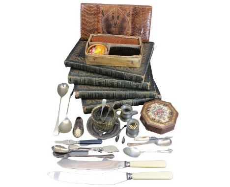 MIXED COLLECTABLES GROUP to include a snakeskin clutch bag, silver, EPNS and brass metalware and Volumes 1-4 vintage Portrait
