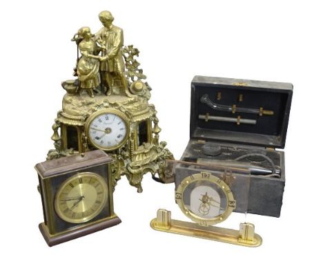 VINTAGE CLOCKS (3) with a John Bell and Croydon medical electrical instrument, the clocks include a gilt brass French style m