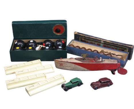 VINTAGE TOYS &amp; GAMES GROUP - a JEP clockwork motor launch, 35cms L, two early Dinky Meccano automobiles, boxed sets of ta