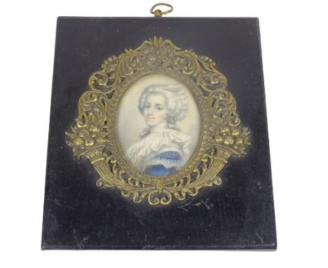 PROBABLY FRENCH LATE 18TH CENTURY PORTRAIT MINIATURE OF A LADY ON IVORY SLIP - wearing a lace collar and blue dress, unsigned