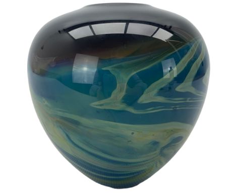 Peter Layton (Czech-British, 1937-): Studio glass vase of ovoid form, cased in clear crystal over a tonal deep to light blue 