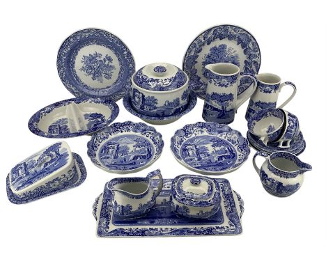 Spode Italian tableware comprising two tea cups & three saucers, rectangular sandwich tray, tea plate, sucrier, two milk jugs